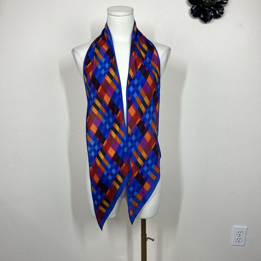 Vintage Elaine Gold Scarf Womens Multicolor Geometric Satin Rectangle Retro
